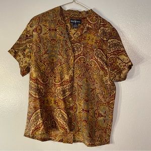 RARE Vintage 90’s Ralph Lauren Silk Paisley Button Up Blouse Shirt maroon gold